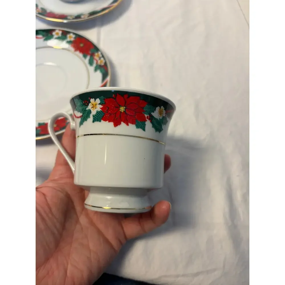 VTG Tienshan Deck the Halls China. set of 4 teacup & saucers, Christmas, holiday